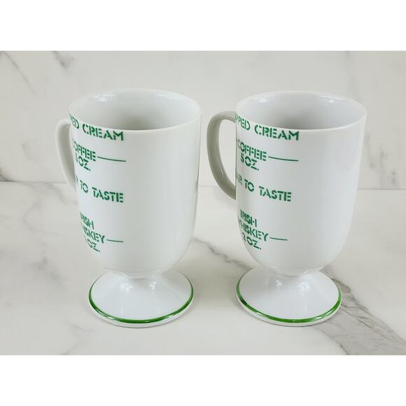Irish Coffee Mug w/ Recipe Green Clover Pedestal 5" White Porcelain x2 Vintage - Picture 7 of 14